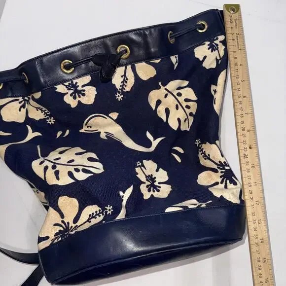 VTG ESCADA Nautical Dolphin Floral Blue Leather Drawstring Bucket Bag Crossbody - Picture 9 of 15